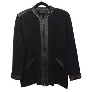 Dana Buchman Jacket Womens L Petite Black Blazer Full Zip Leather Trim Classic
